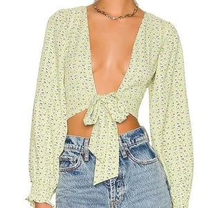 Revolve Mint Green Delicate Floral Print Front Tie Blouse